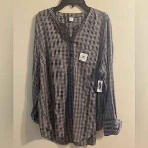 New NWT Old Navy Gray Black Red Plaid 4-Button Tunic Length Blouse‎ Size Large